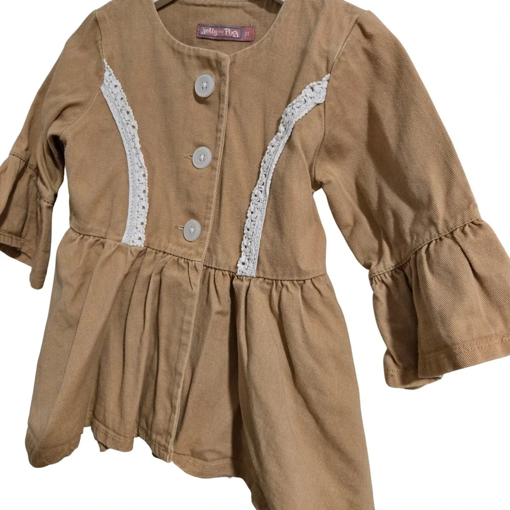 Jelly the Pug Girl's 3T‎ Tan Button Down Ruffle Peplum Long Sleeve Jacket - Picture 2 of 5